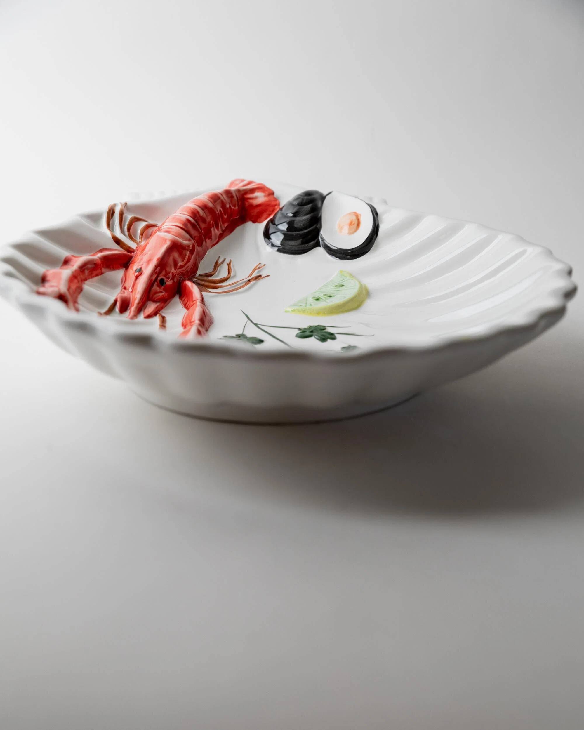 Vintage ceramic serving dish from the 1980s, hand-painted lobster design.