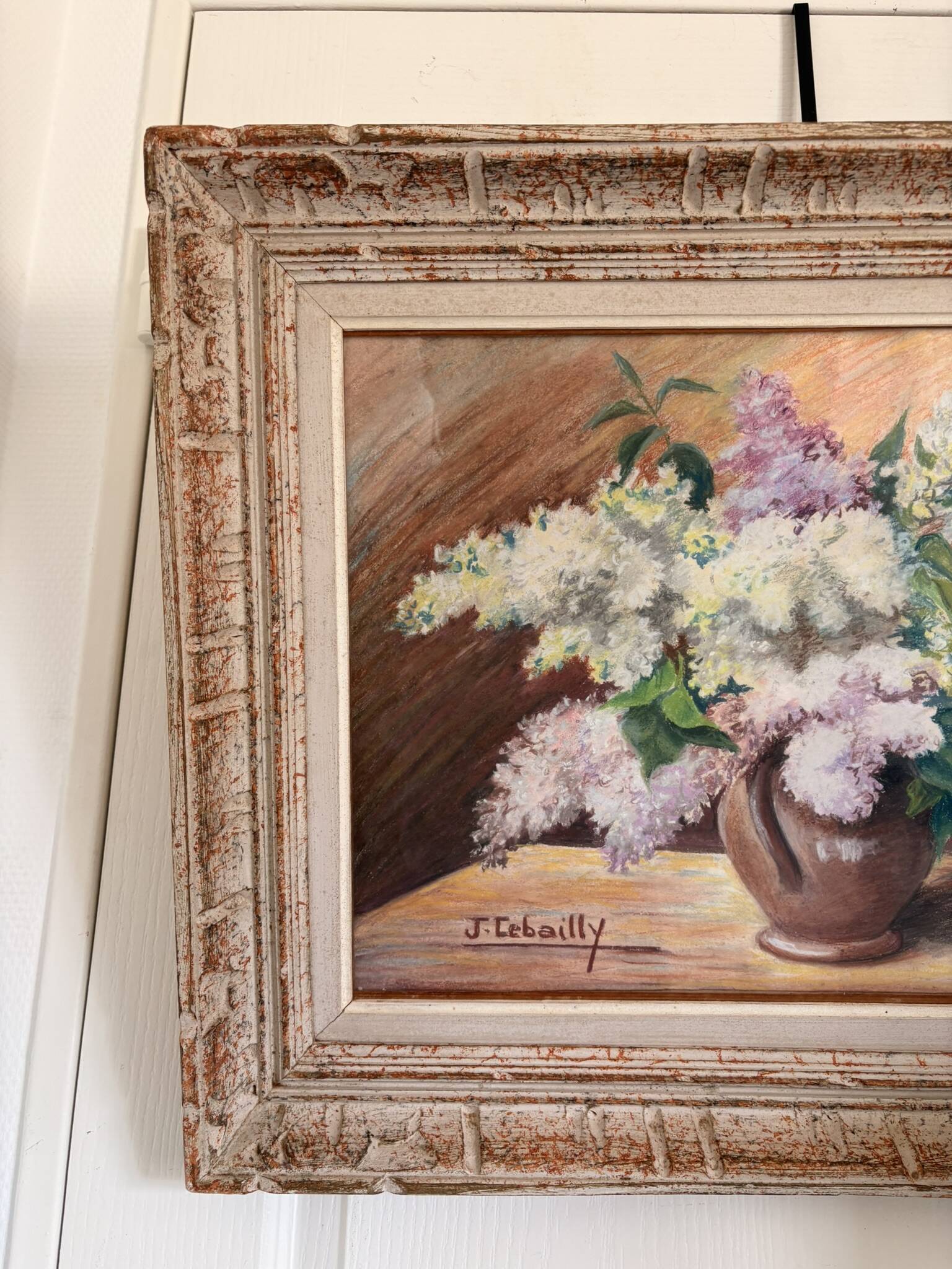 Tableau Drawing Pastel Still Life Lilac Bouquet Flowers Signed Lebailly Enc