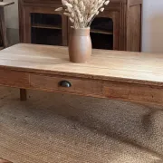 Large antique farmhouse coffee table in raw solid oak with 1 drawer.