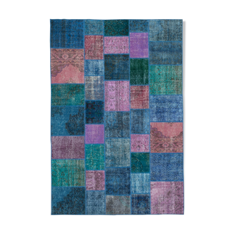 Hand-knotted anatolian 202 cm x 300 cm blue patchwork rug