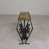 Vintage newspaper rack, magazine rack, table with 3 tiles