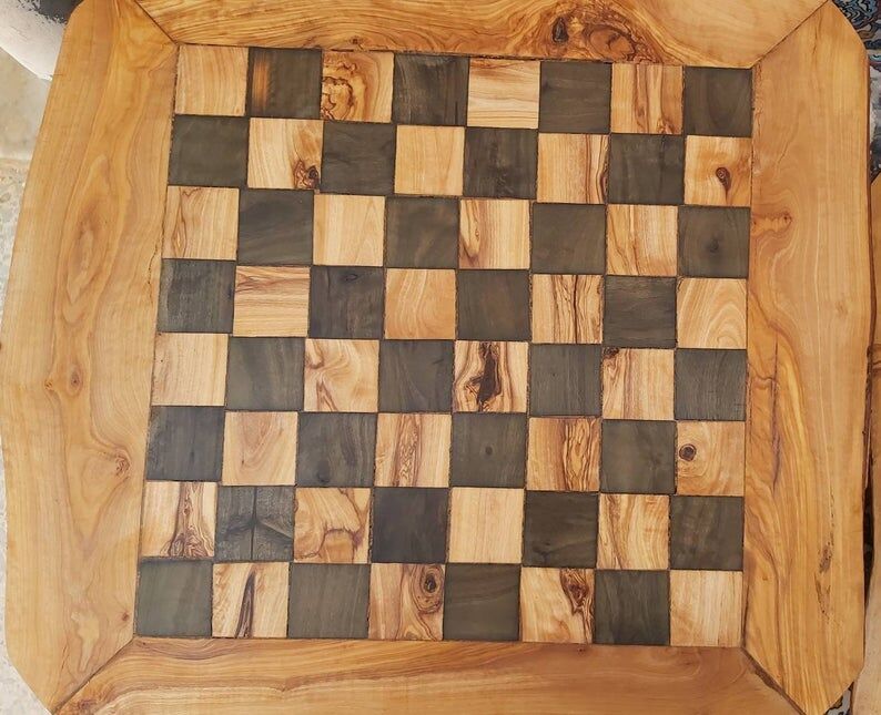 Natural olive wood edge, rustic chessboard