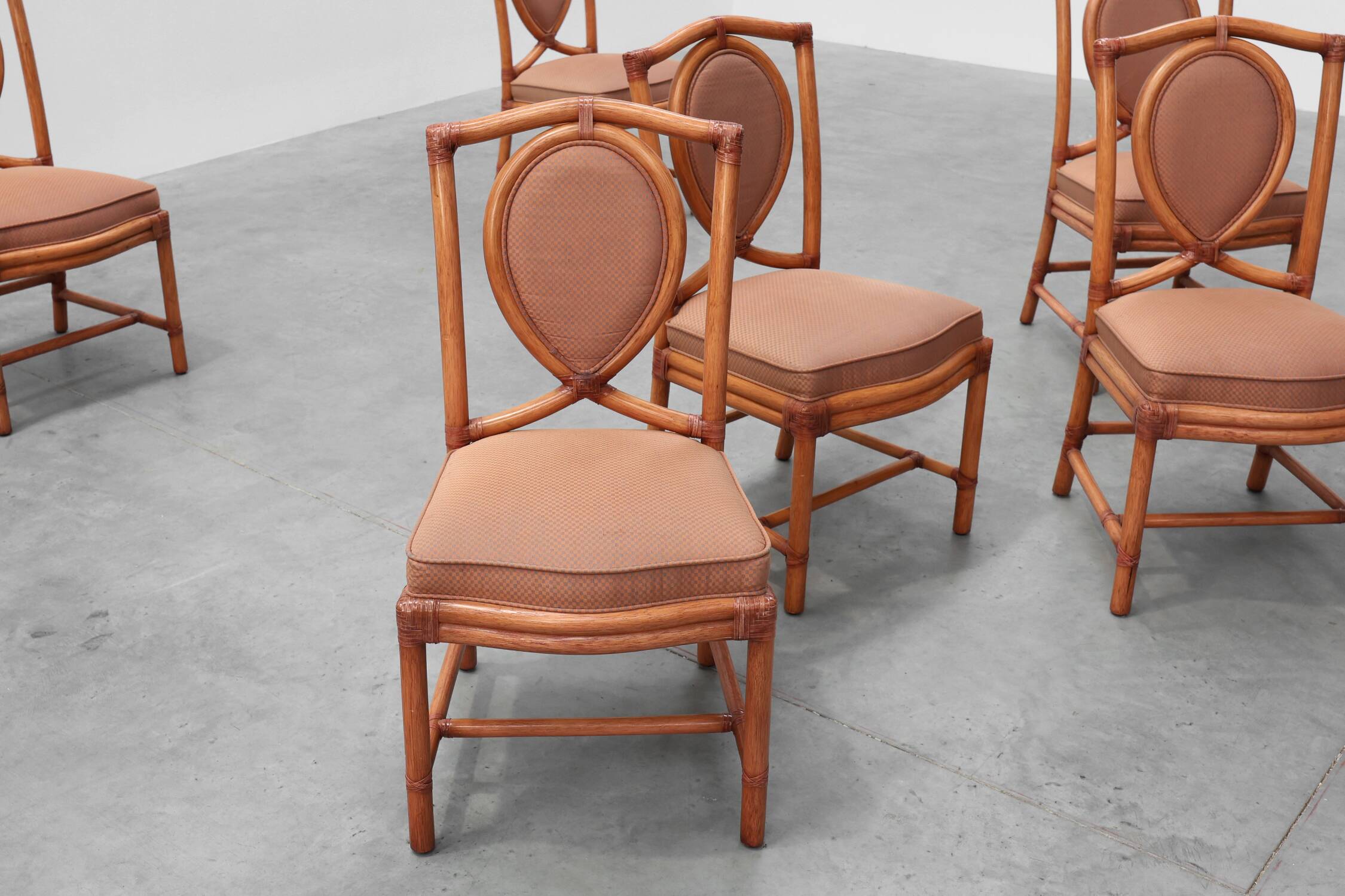 Set of 6 bamboo dining room chairs with geometric upholstery by Gasparucci