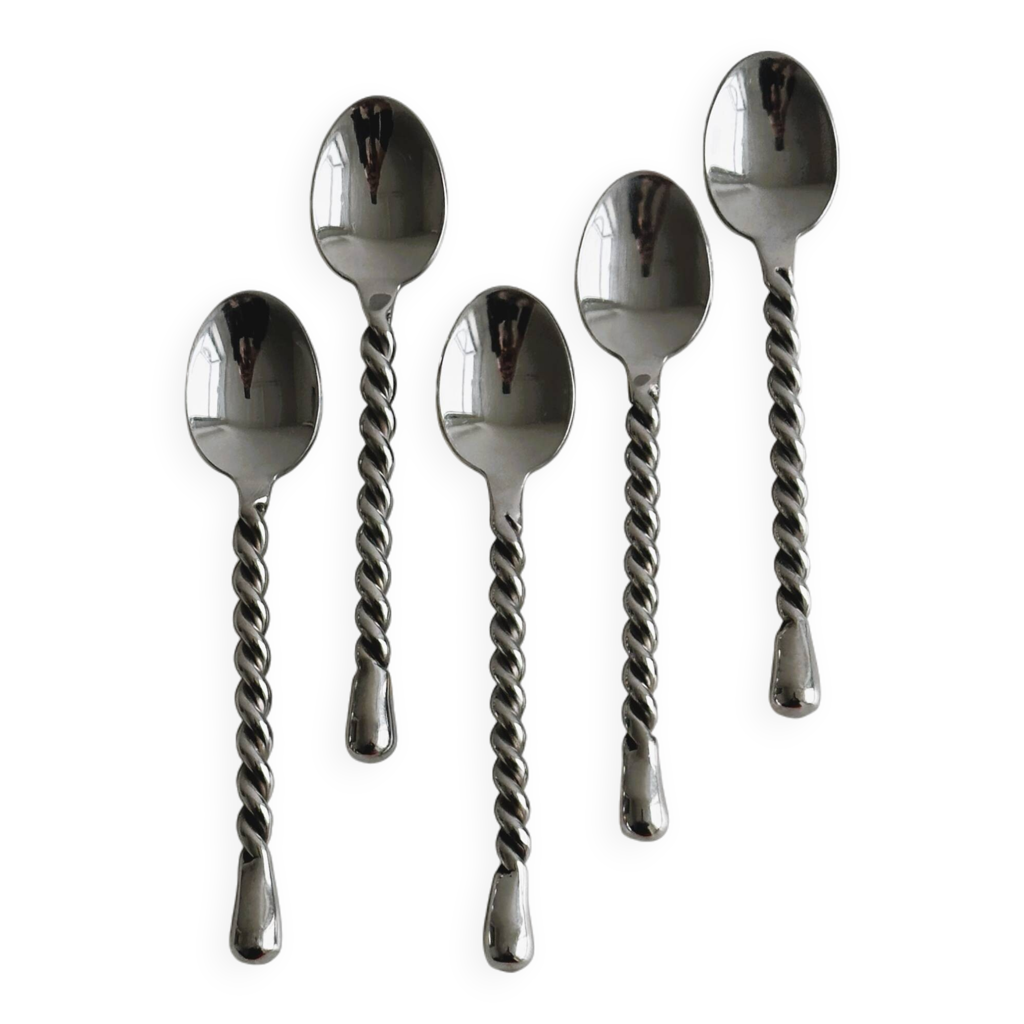 5 small twisted silver metal teaspoons