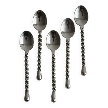 5 small twisted silver metal teaspoons