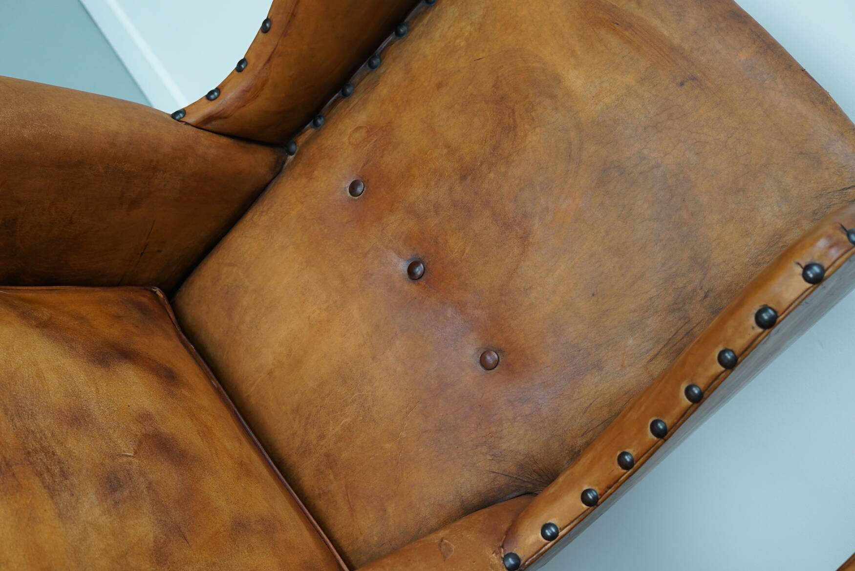 Old Patinated Dutch Cognac Colored Leather Club Chair, Set of 2
