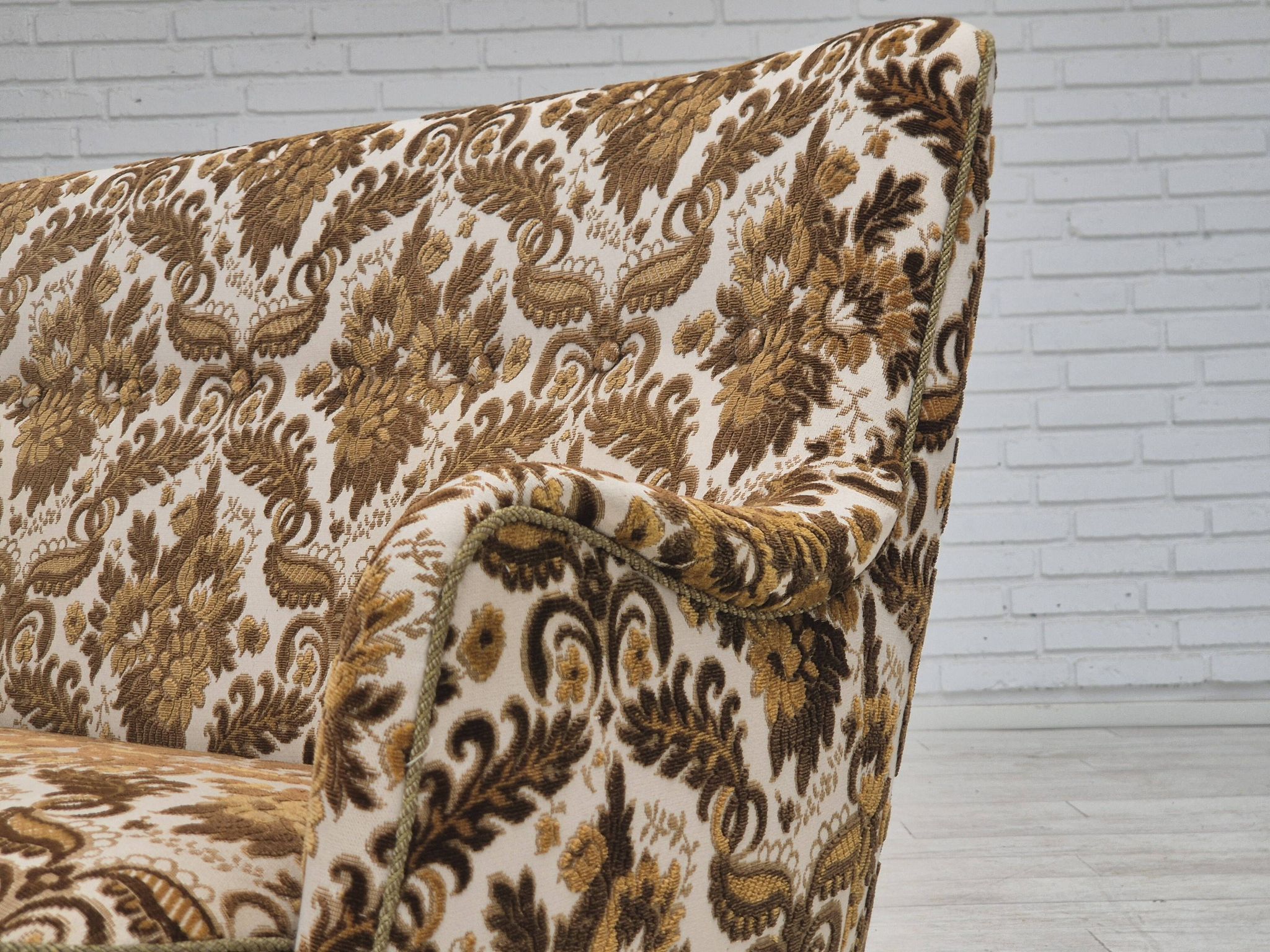 1960s, Danish 2-seater sofa, brown/beige furniture fabric, ash wood legs.