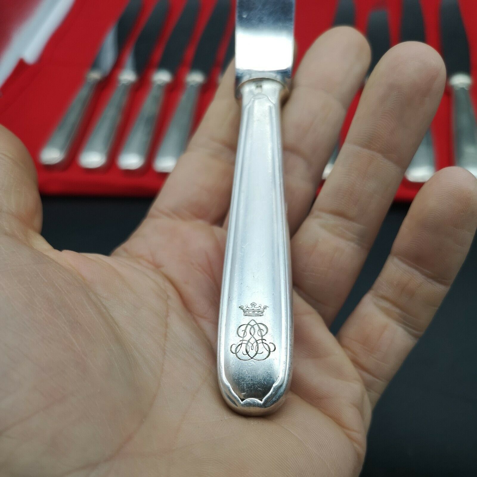 Set of 14 silver metal knives Christofle stainless steel blade model Touraine crown Vicomte