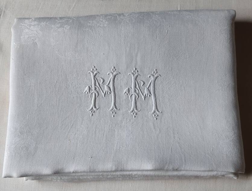Old damask tablecloth monogrammed mm
