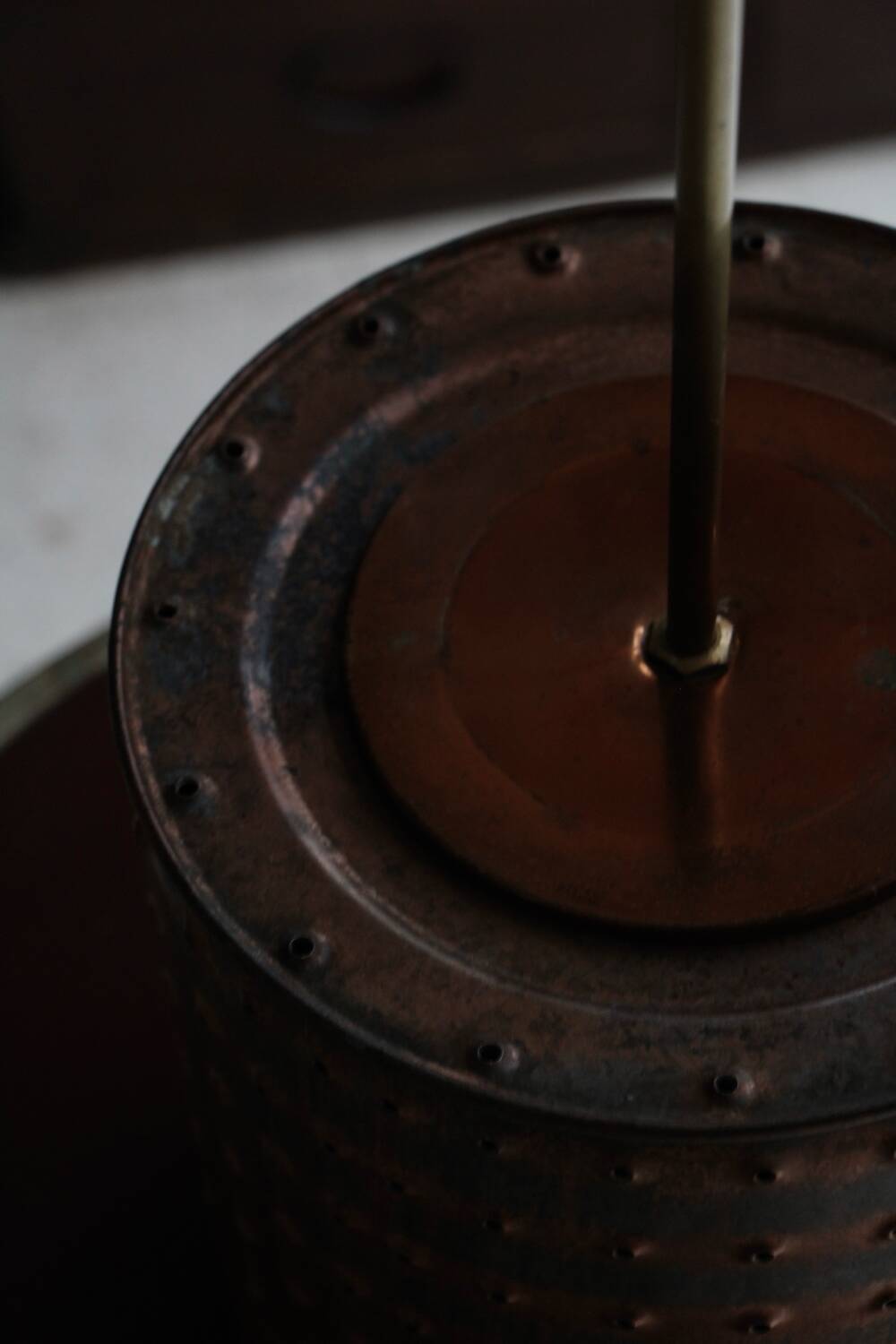 Industrial copper chandelier with patina France 1960