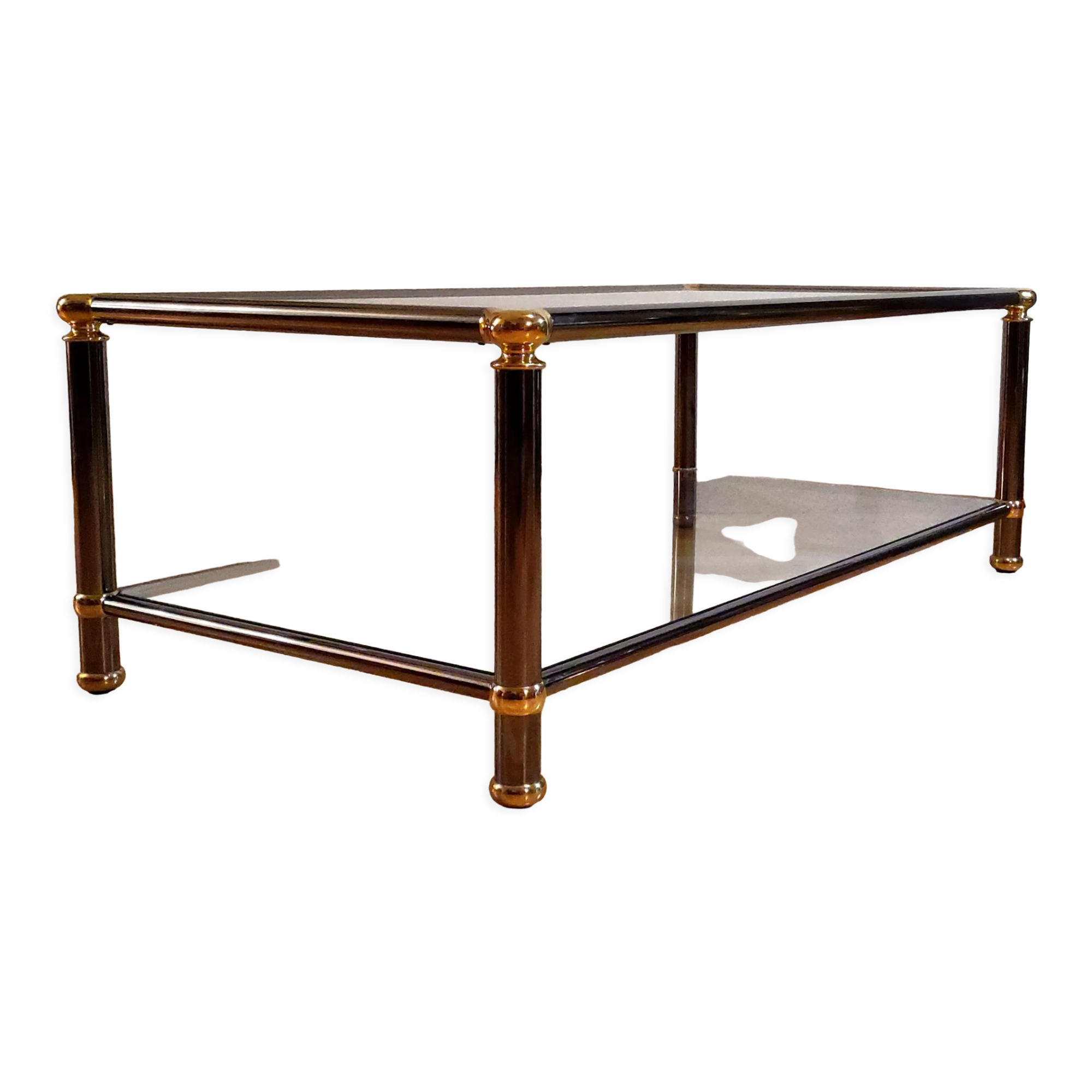 Hollywood regency gold metal & smoked silver coffee table, cut glass