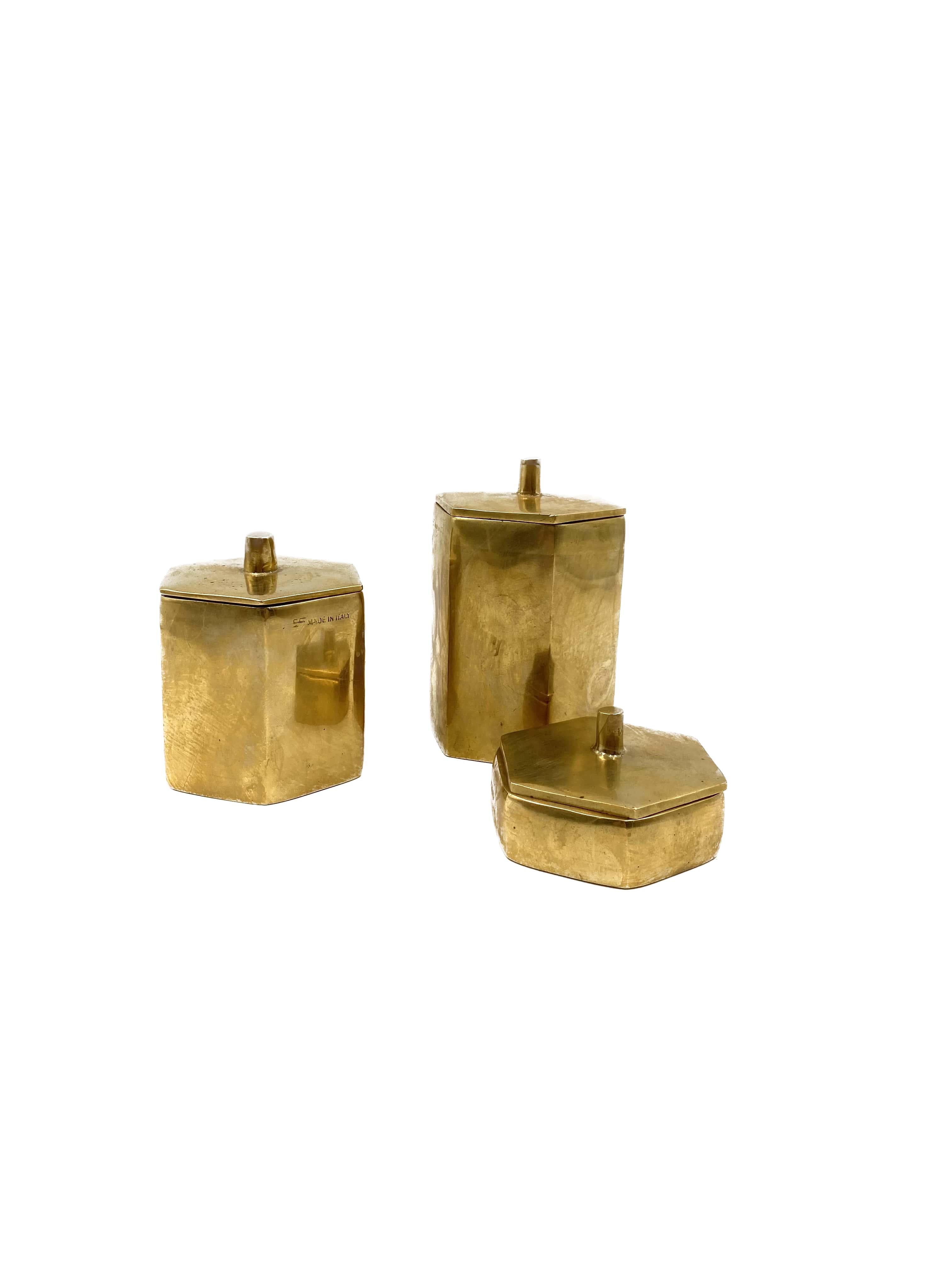 Set of 3 solid Brass boxes , De Falco Italy 1970s