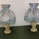 Pair of marble bedside lamps with blue satin fringed shades