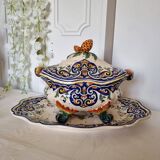 Vintage Rouen porcelain soup tureen with underplate, hand-painted
