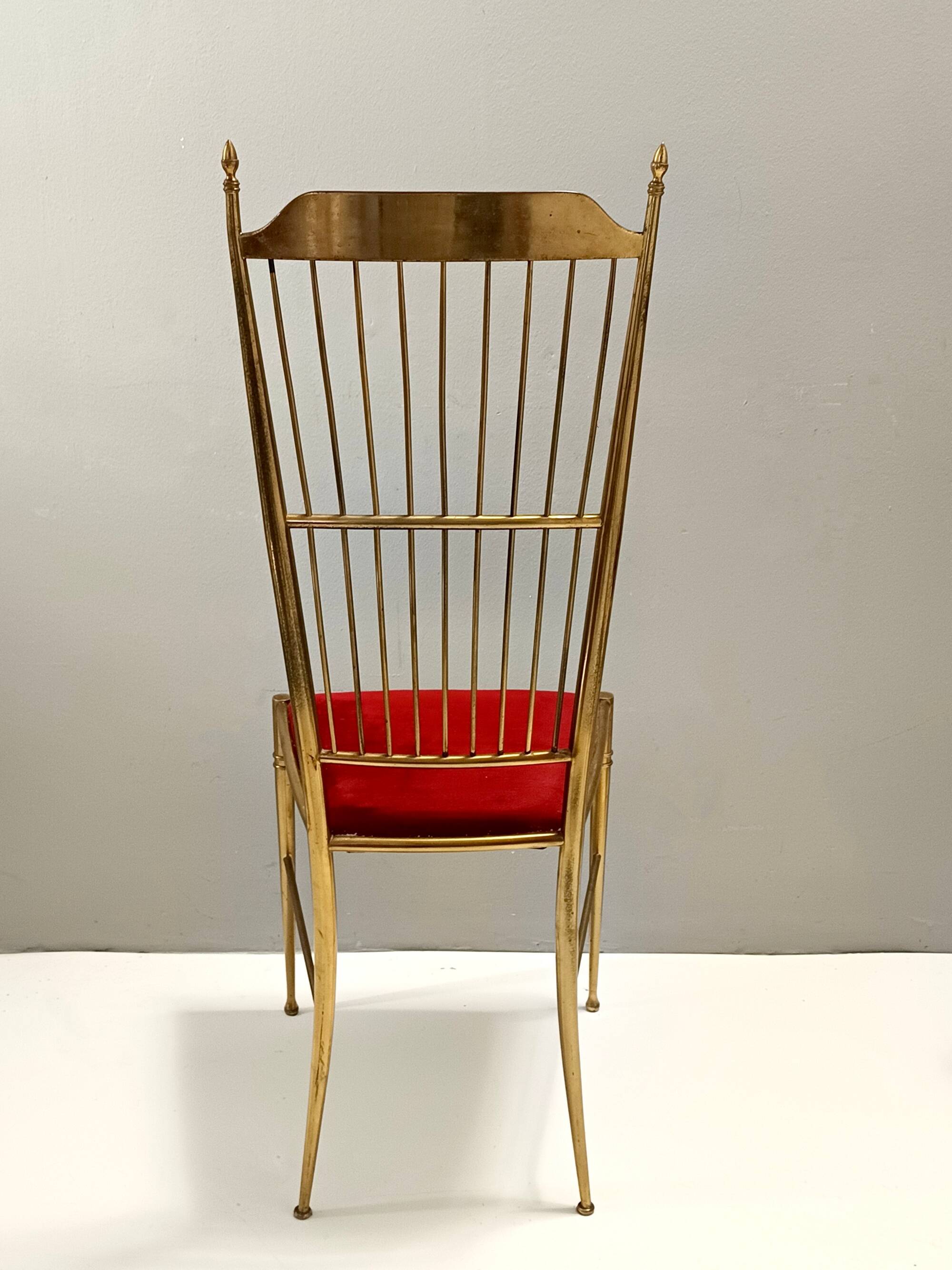 Pair of Vintage Brass and Red Velvet Chiavarine Chairs, Italy