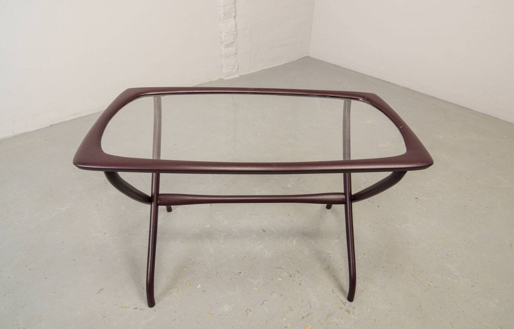 Italian Design Wooden Scissor Frame Side Table with Glass Top. Italy, 1950s