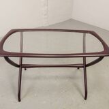 Italian Design Wooden Scissor Frame Side Table with Glass Top. Italy, 1950s