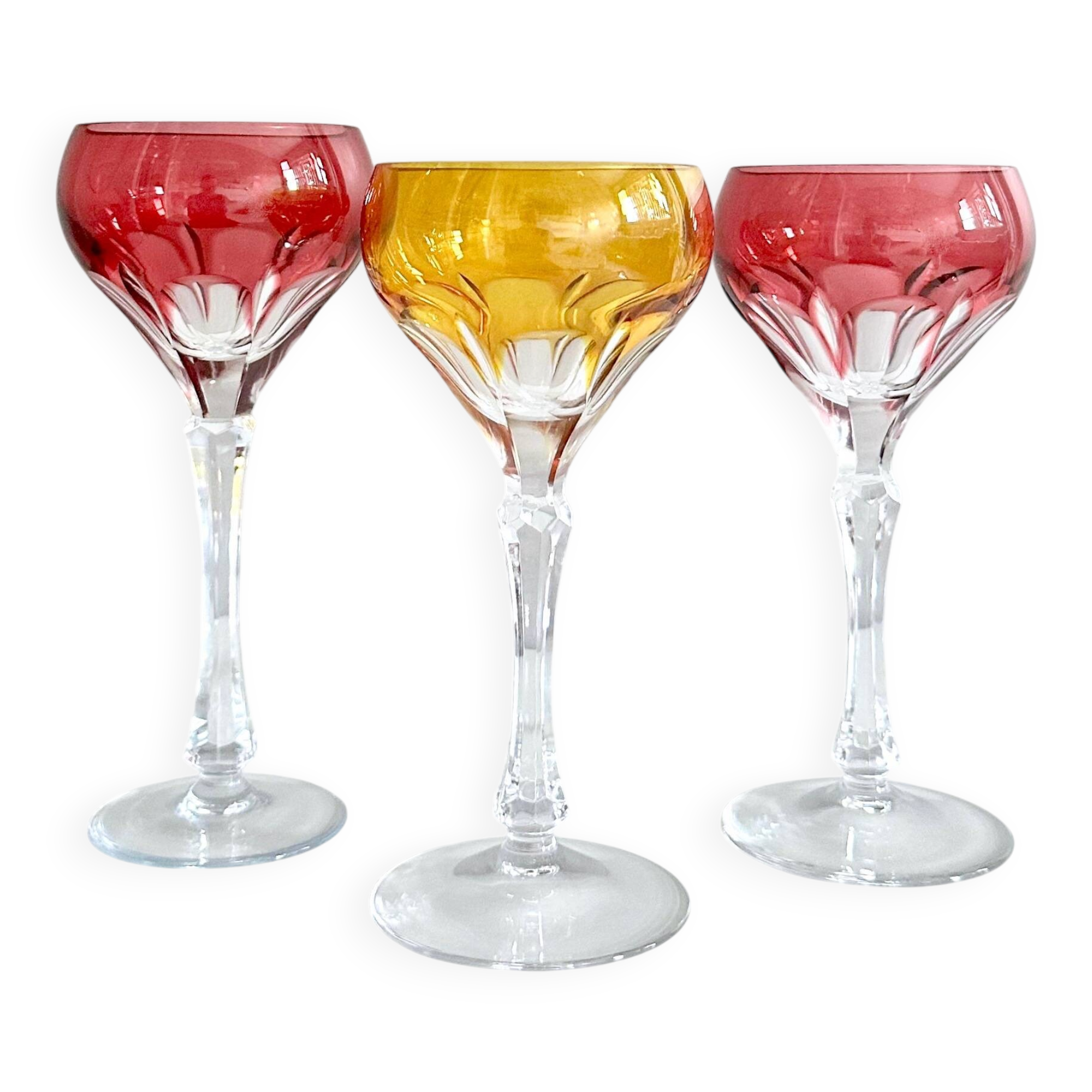 Coloured crystal glasses, wine glasses, set of 3, mid century bar