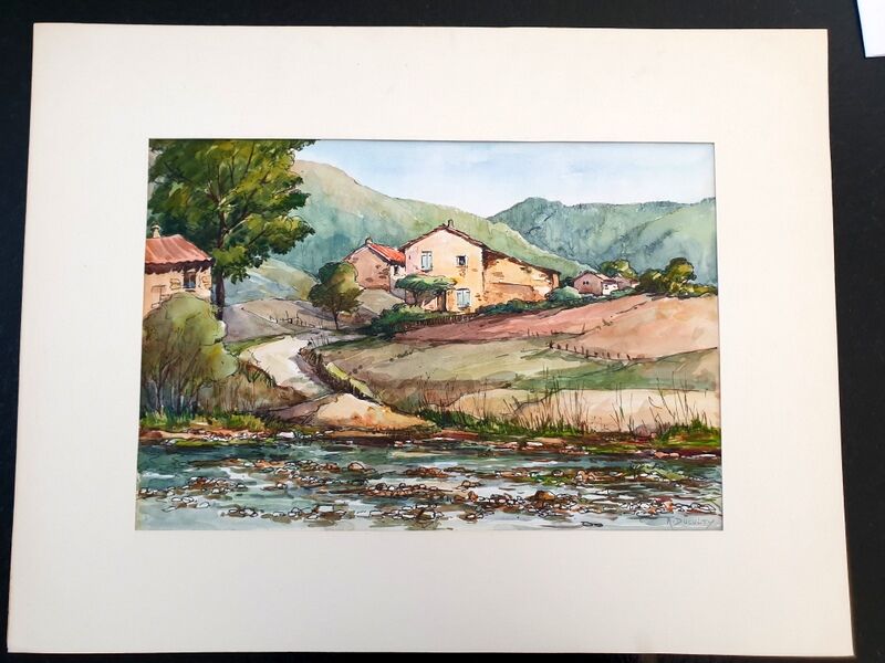 André Duculty (1912-1990) Watercolor on paper "Landscape of Vabres l'Abbaye (Aveyron)" Signed below