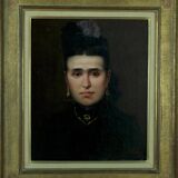 Beau portrait du 19e siècle d'une jeune femme en robe à ruban bleu.