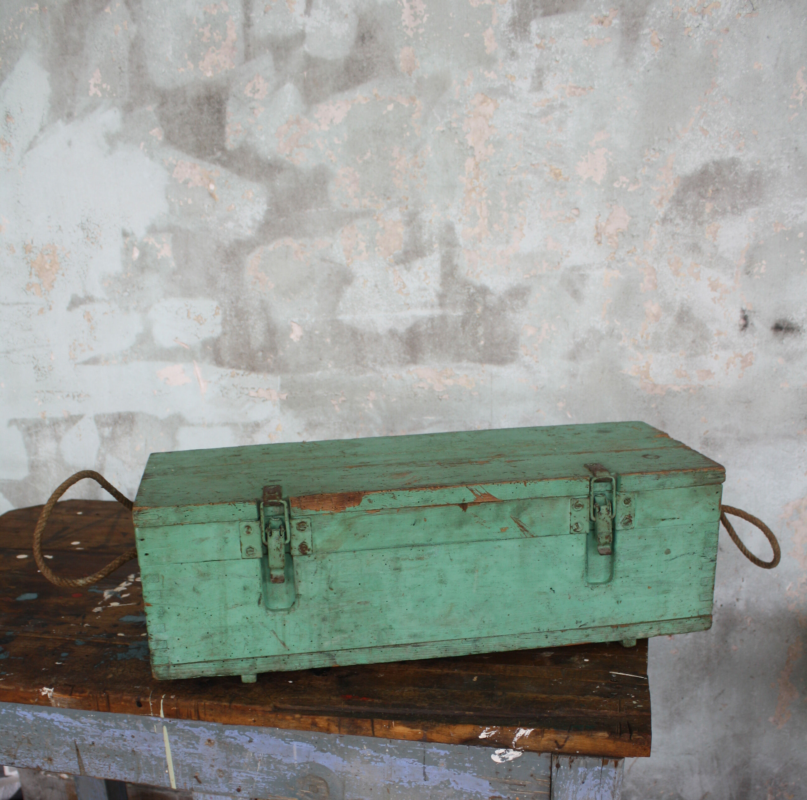 Green vintage wood tool case