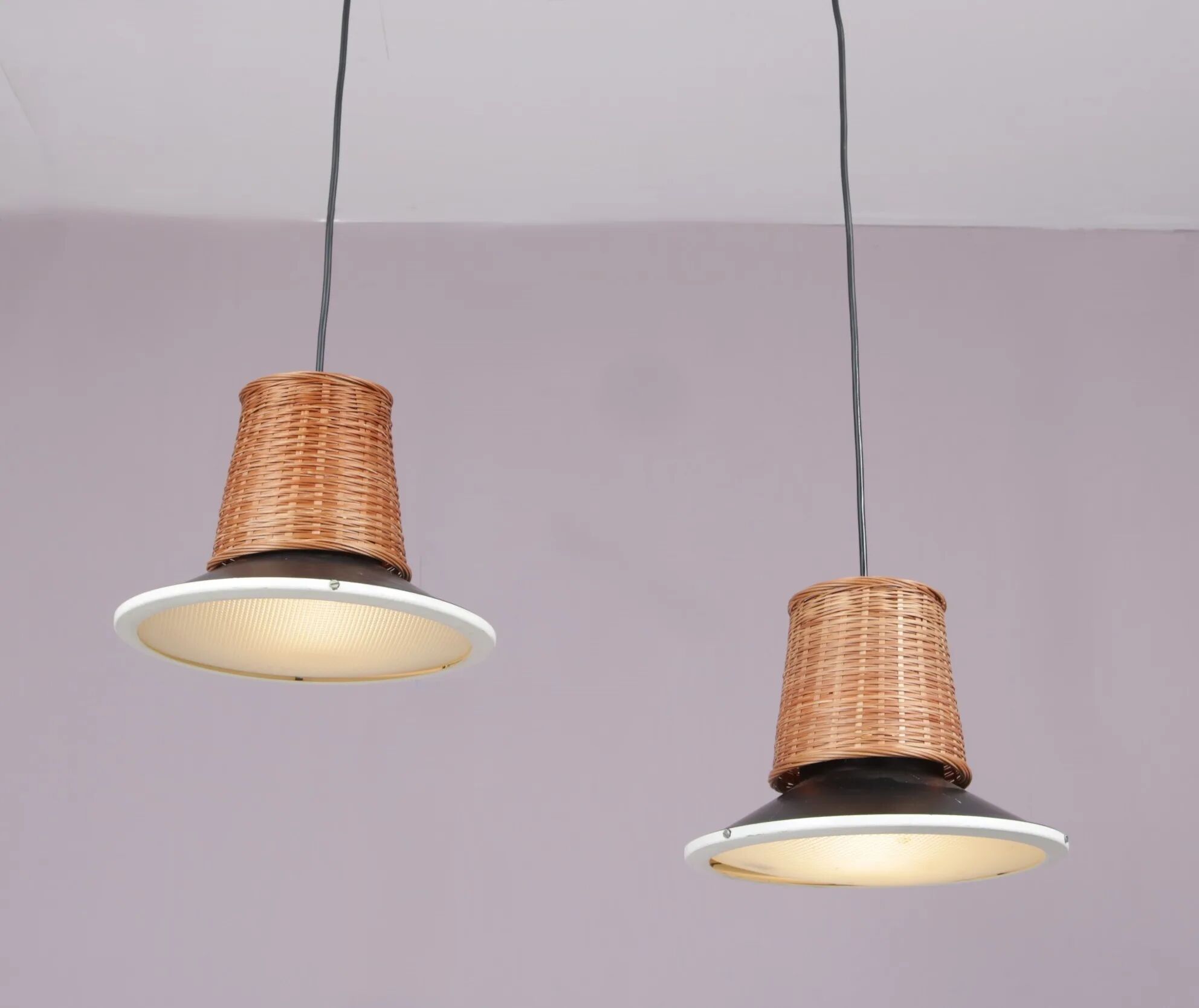 1950s set of 2 hanging lamps wicker/black metal/glass