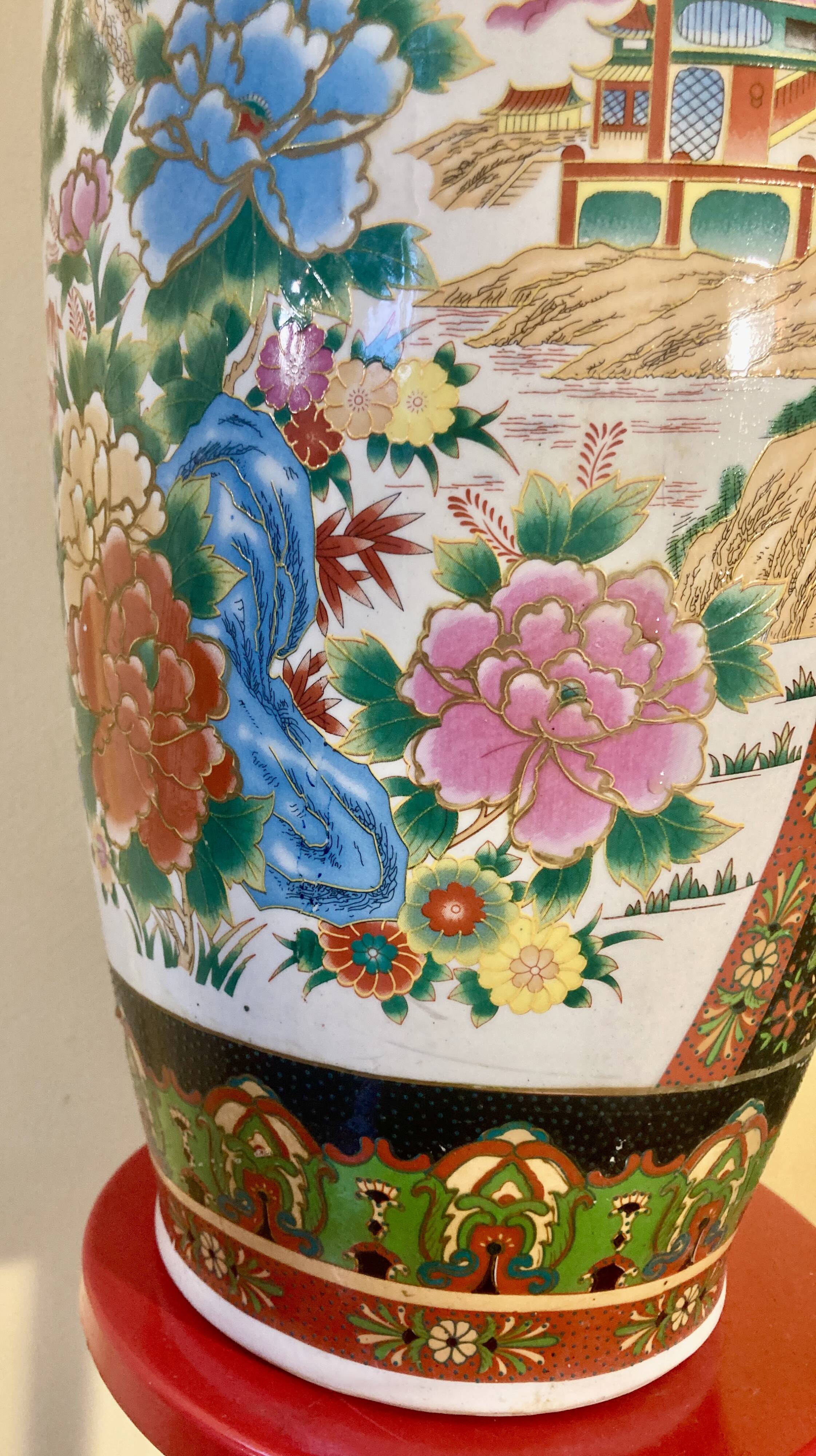 Chinese baluster porcelain vase with polychrome decoration of flowers and pagoda size xxl