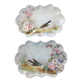 Paire de petits plats en porcelaine peinte oiseaux et fleurs 19è
