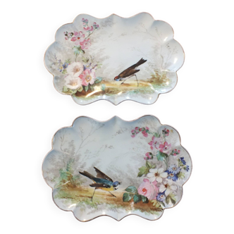 Paire de petits plats en porcelaine peinte oiseaux et fleurs 19è