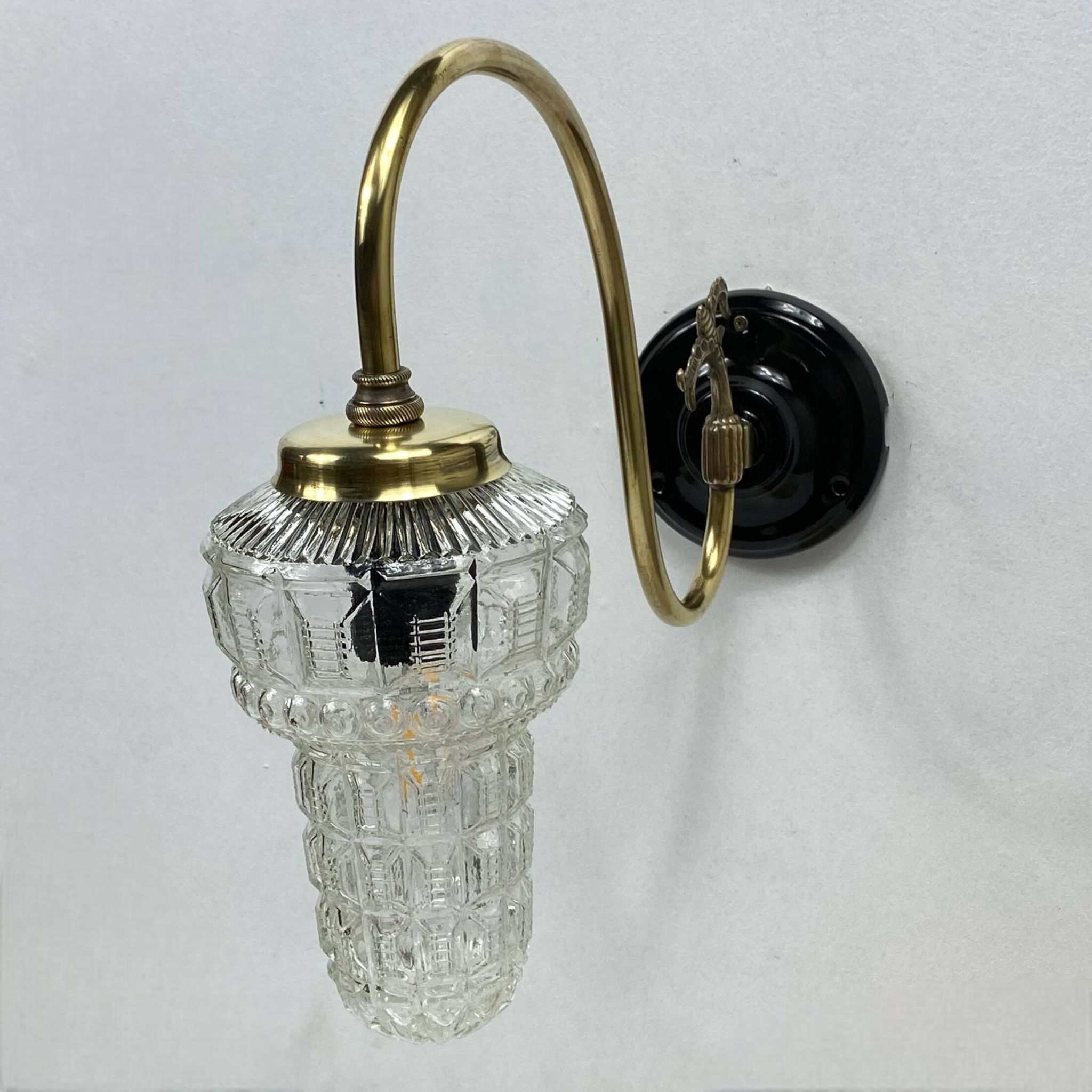 Large pair of old wall lights globe glass swan neck brass rosette porcelain LAMP-7169