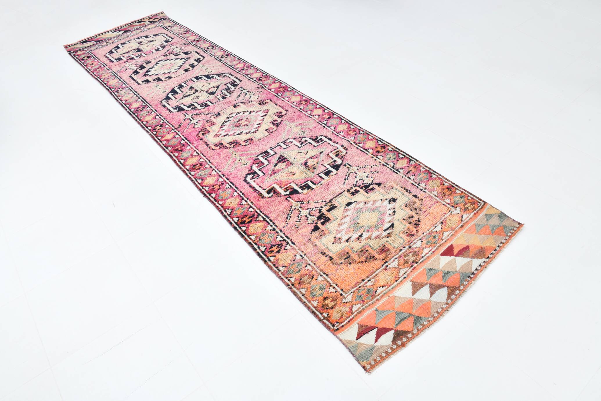 Soft Pink & Orange Rare Style Vintage Runner Rug, 91x359 Cm