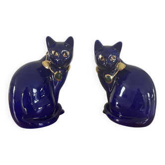 Pair of Longwy cats – Cobalt blue & gold – Longwy enamels