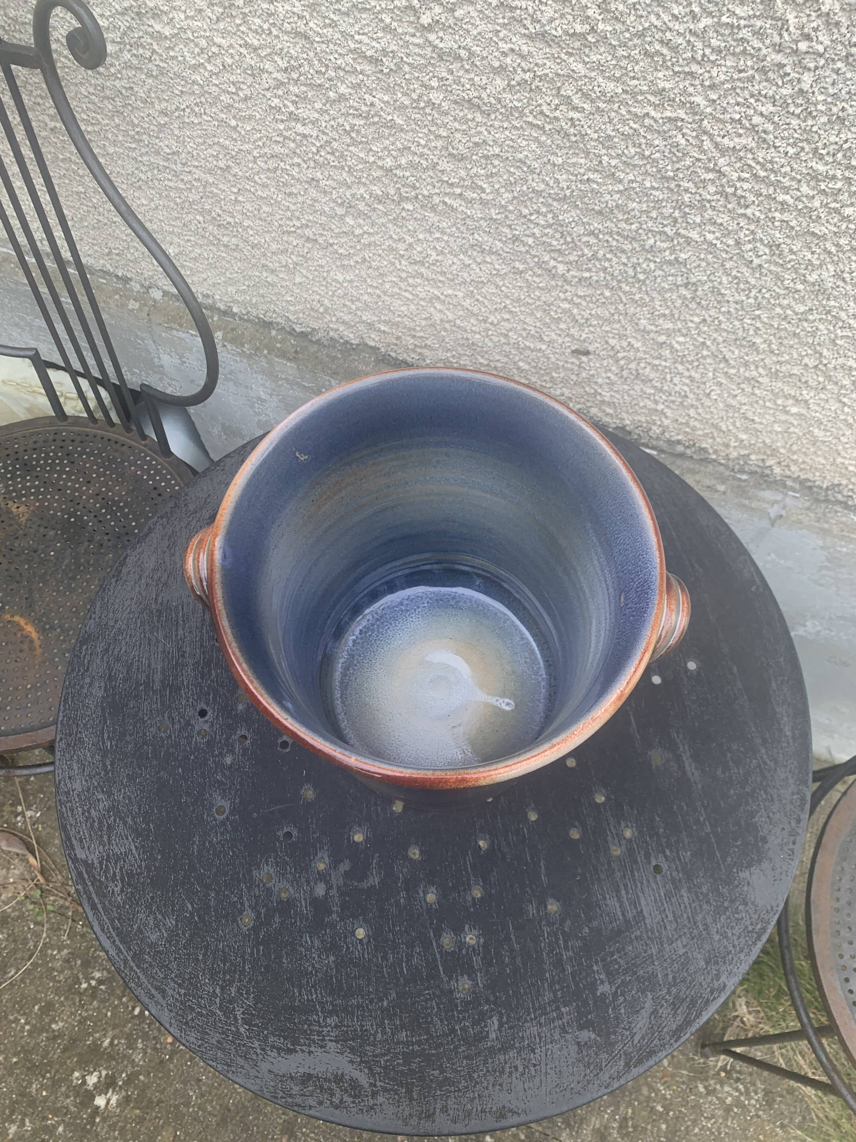 Champagne bucket in blue and beige glazed ceramic, vintage handmade