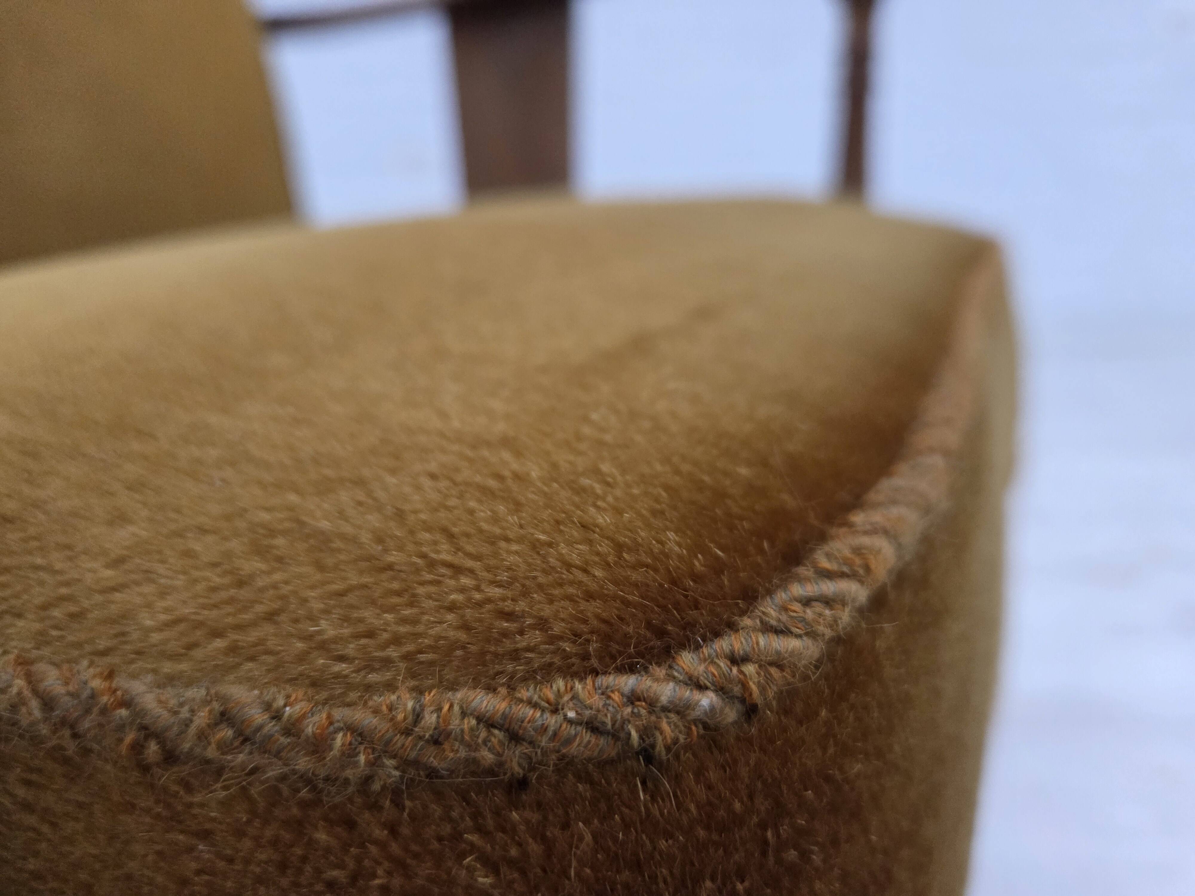 1950s, Danish vintage armchair, original green furniture velour, oak wood.