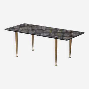 Smoked glass coffee table with adjustable brass legs, end of sofa, 70s table