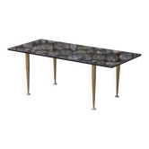 Smoked glass coffee table with adjustable brass legs, end of sofa, 70s table