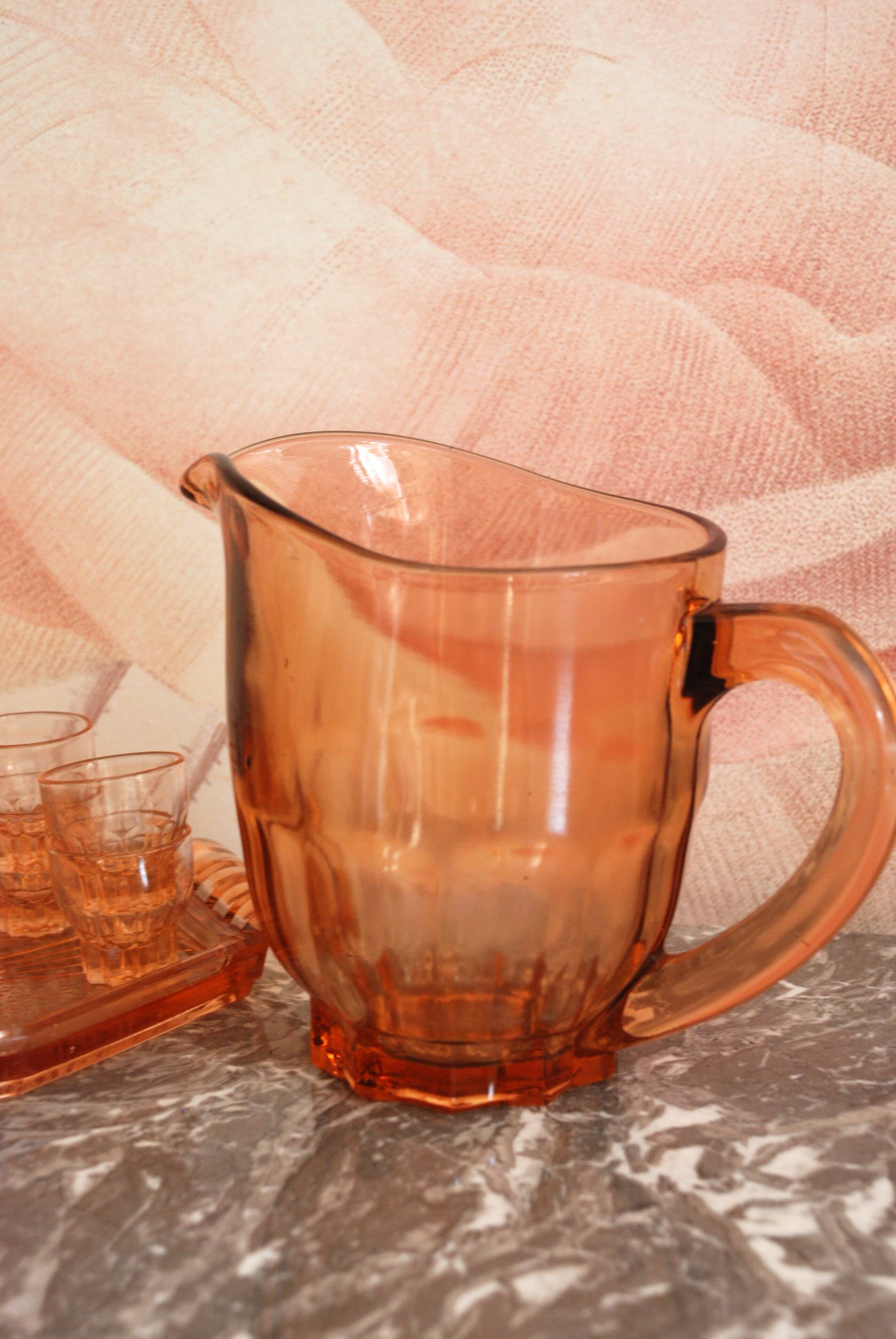 Pink glass liqueur set and accessories from the 1950s