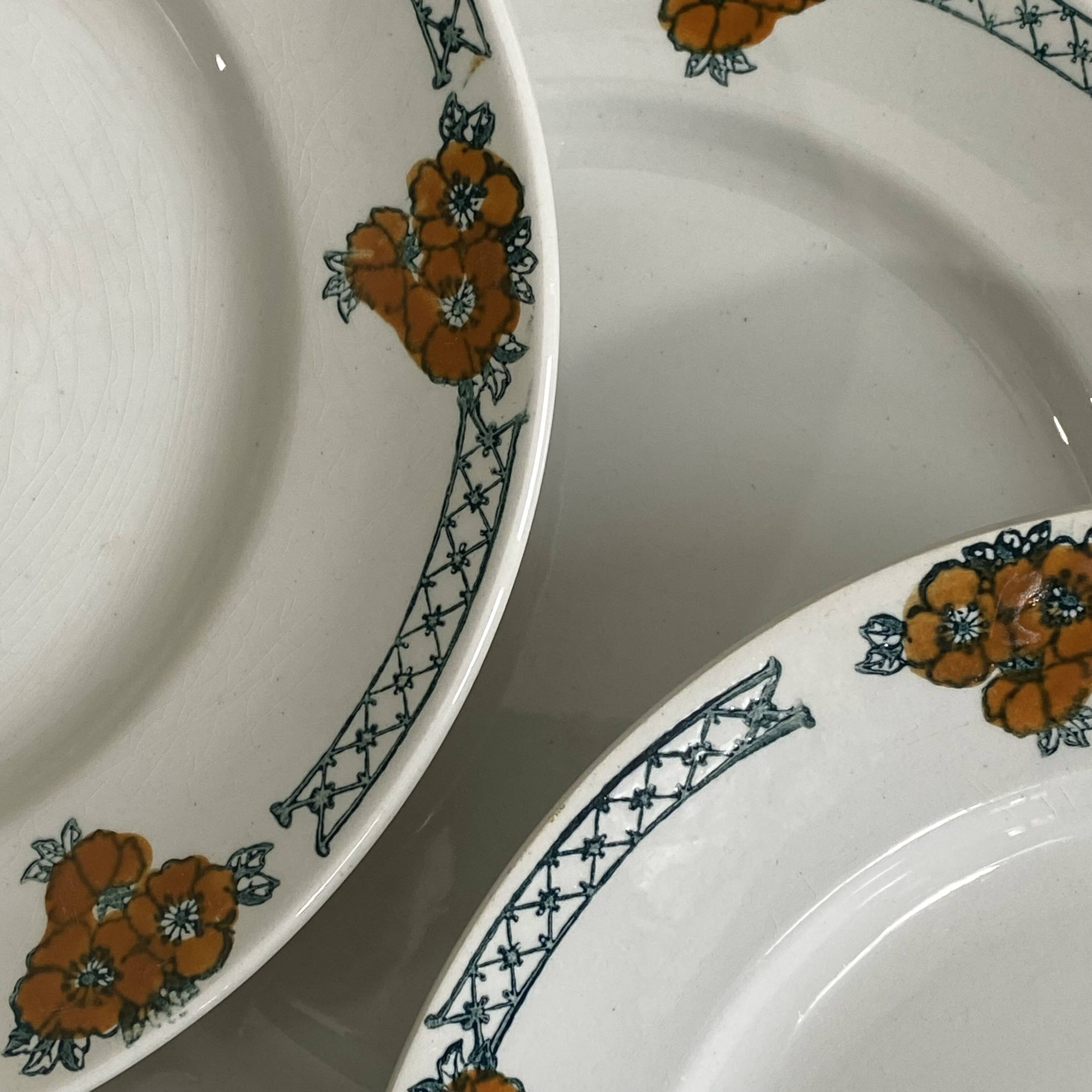 6 antique earthenware dessert plates, ironstone, Moulin des Loups Aubépine