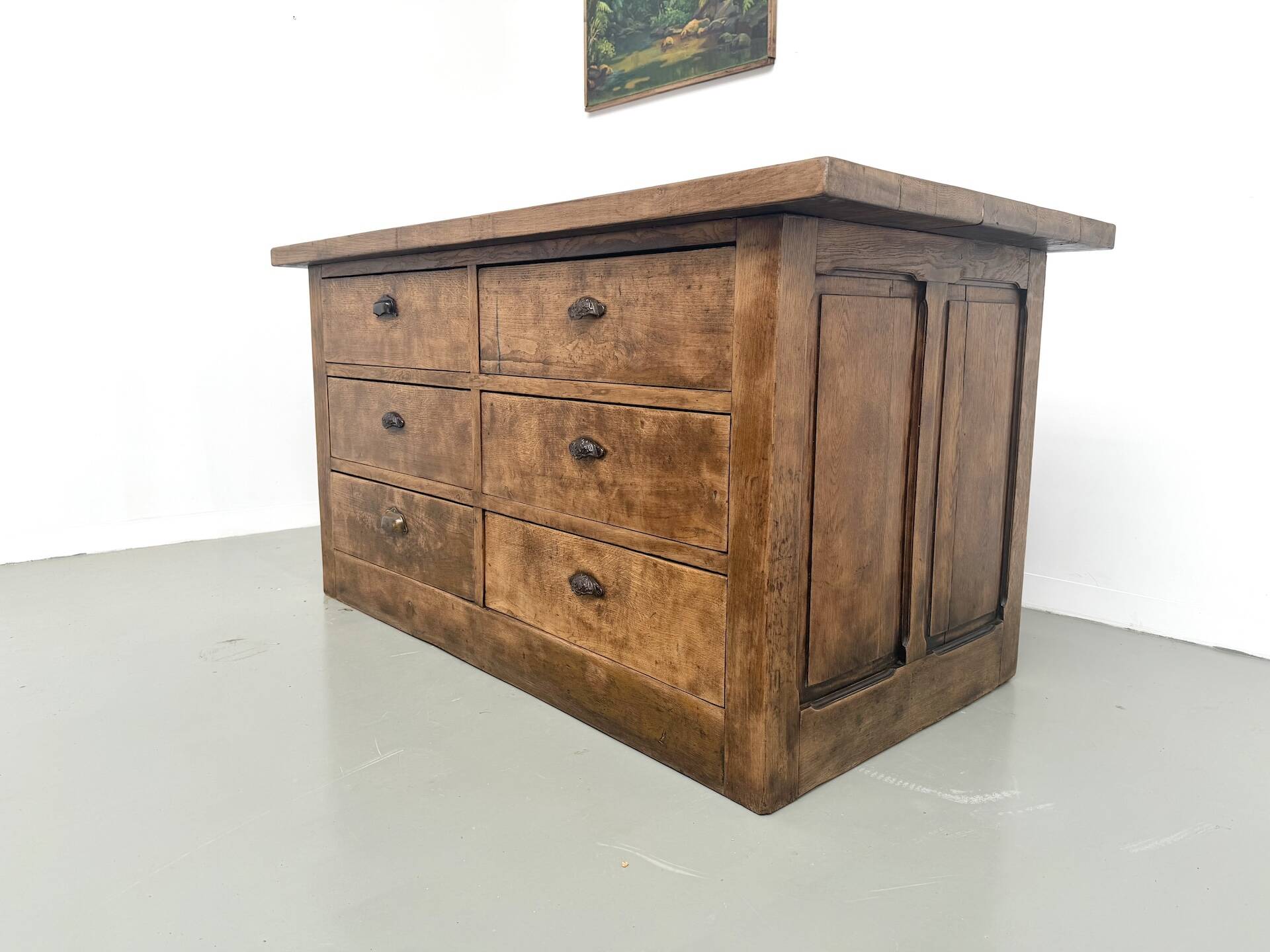 Solid oak trade counter, six drawers, France, circa 1920.