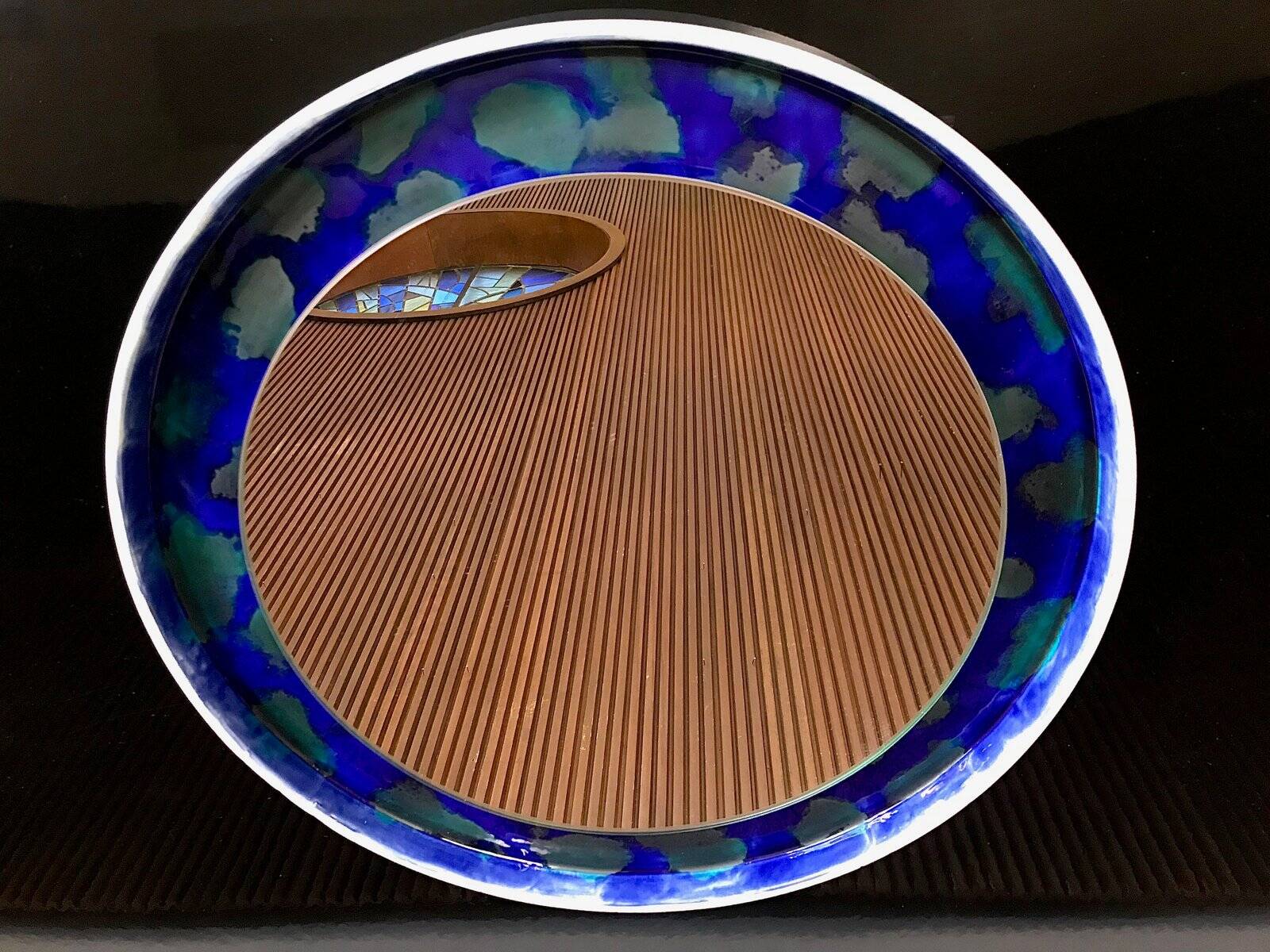 Hand-painted round ceramic art wall mirror, Germany 1960s