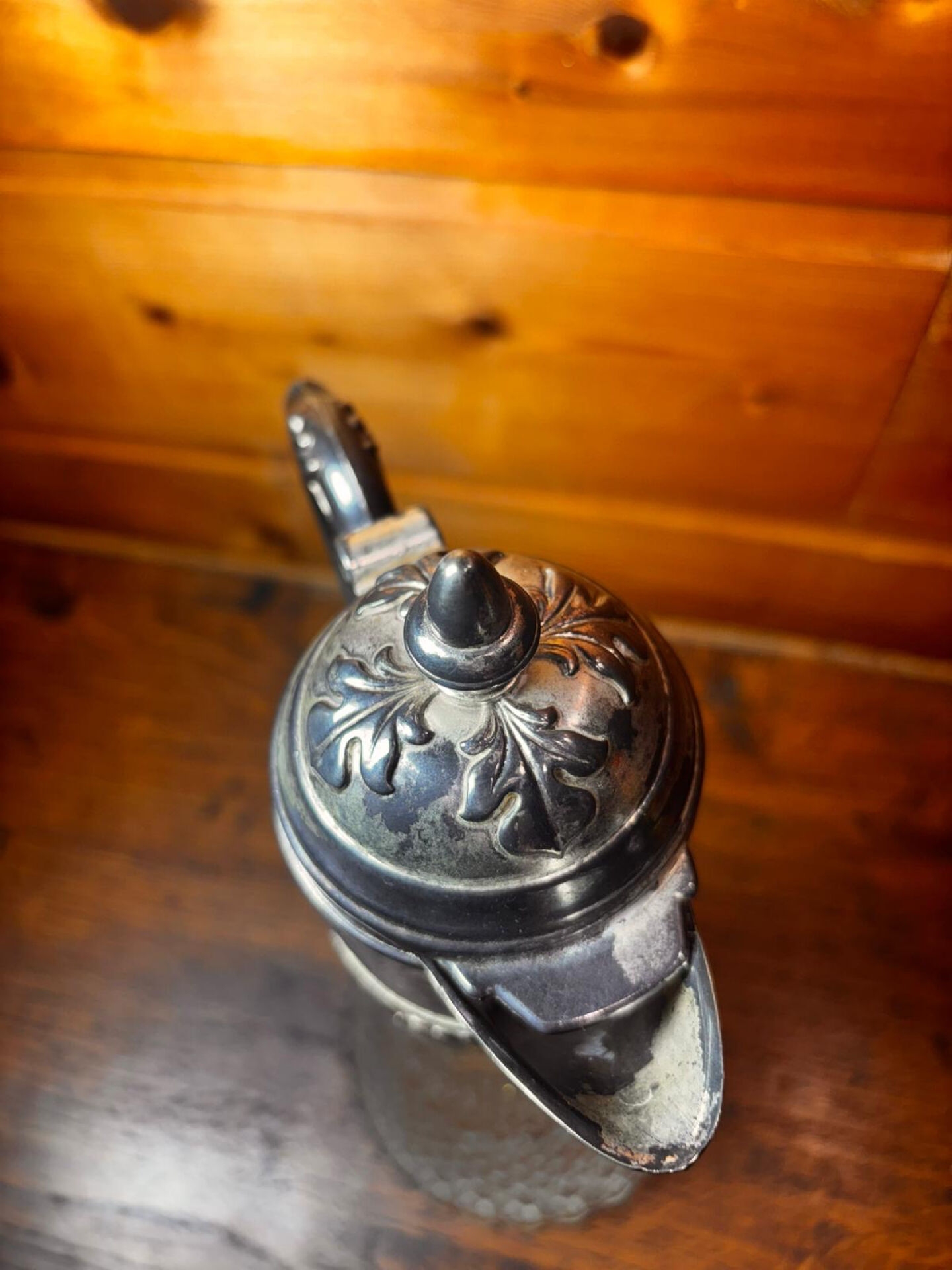 Beautiful moulded glass carafe jug, silver-plated mount, vintage.