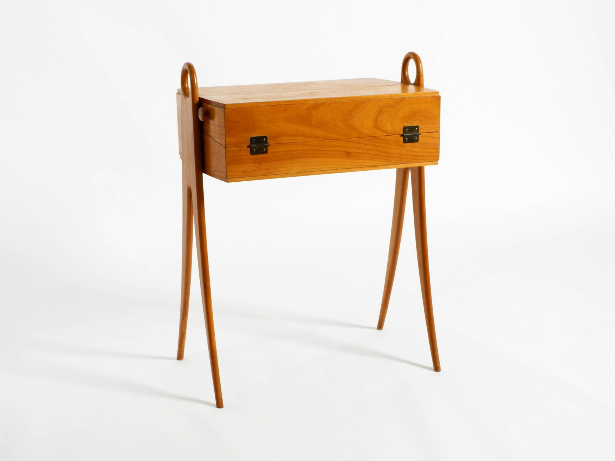 1950s ash wood sewing box, with a hinged top, multiple compartments