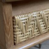 Vintage oak and rattan bedside table