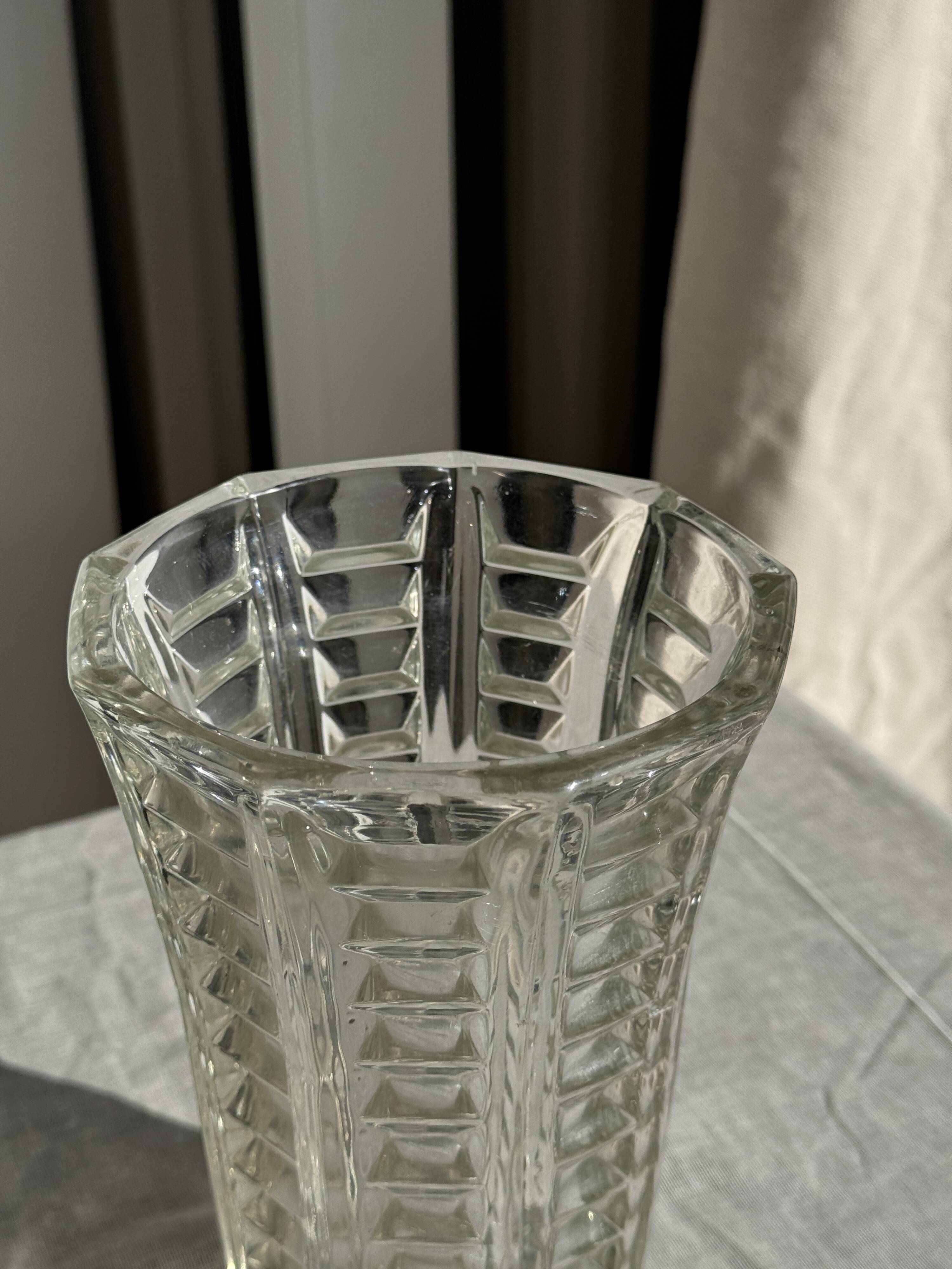 Vintage geometric moulded glass flared vase H21