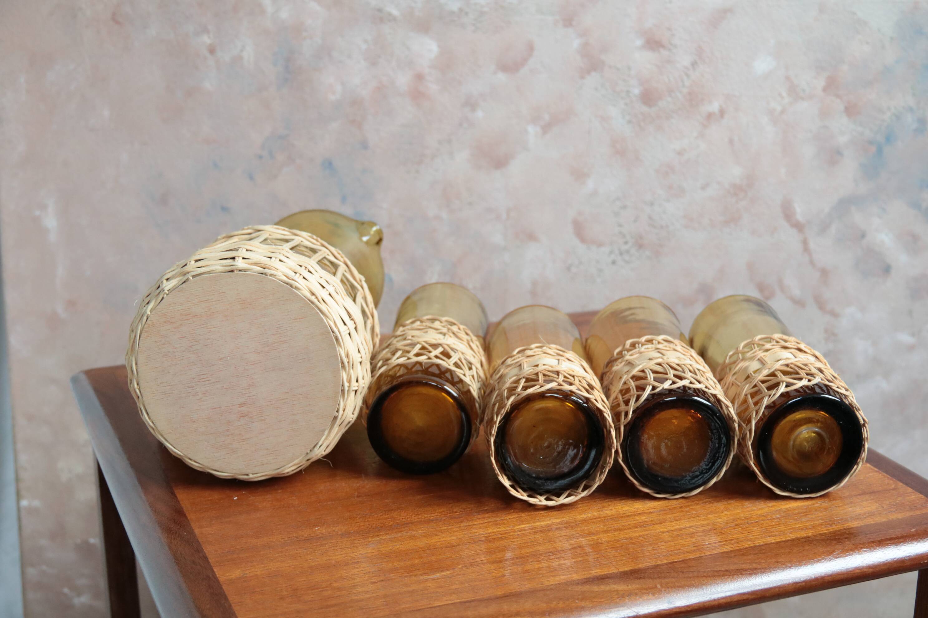 Amber glass and wicker lemonade set, carafe and glasses