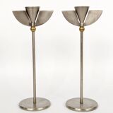 Pair of postmodern 1980s candlesticks, stainless steel and brass