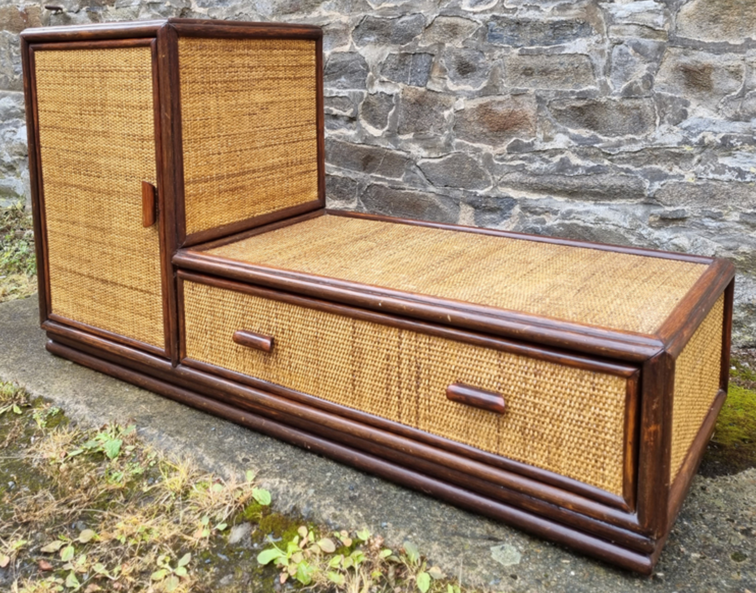 Storage cabinet in bamboo and vintage wicker, 60s