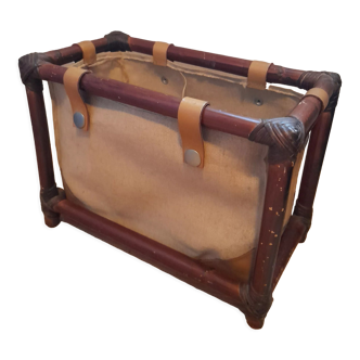 Vintage 1980s brown bamboo and linen magazine rack