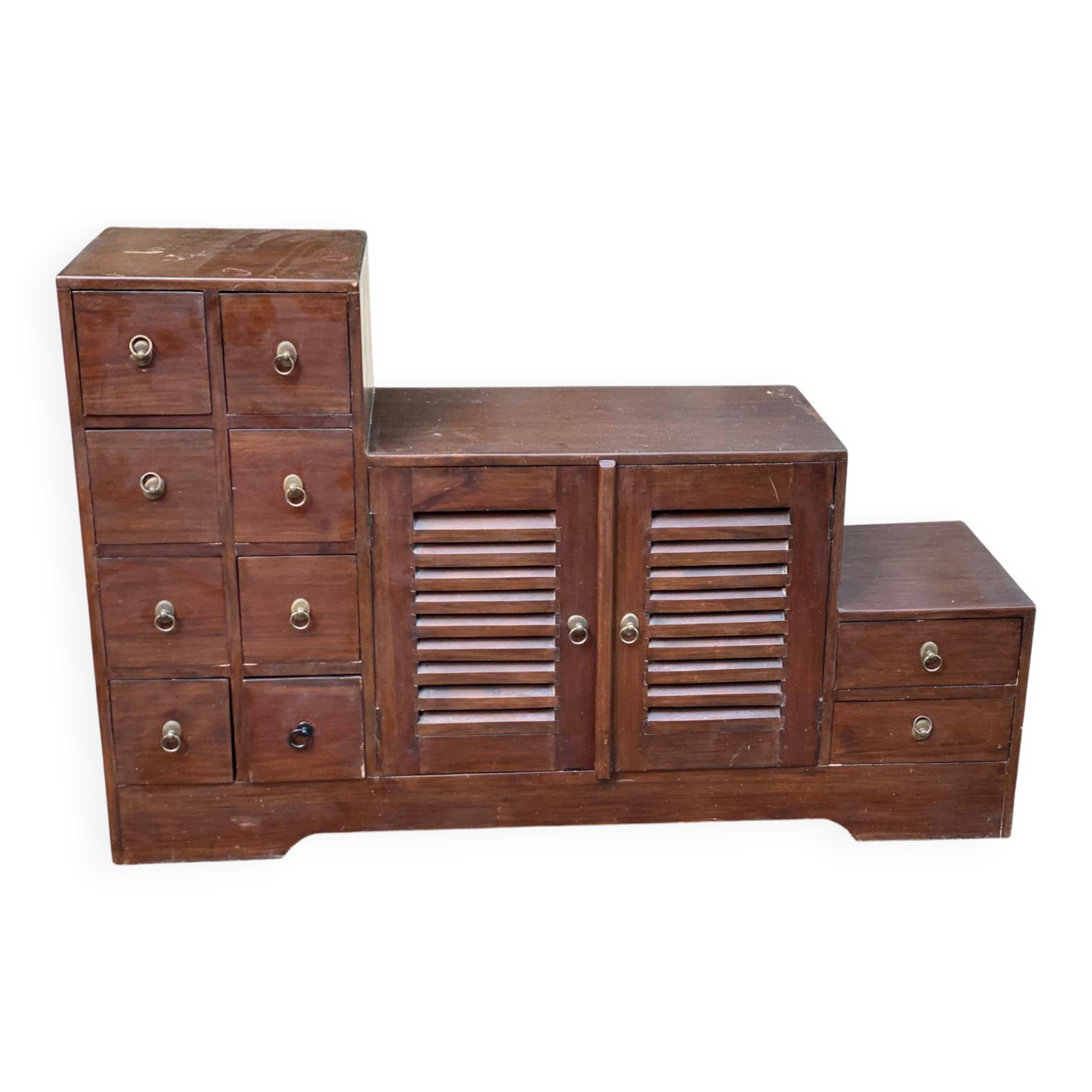 Asian-inspired staircase furniture in solid teak from the 1980s.