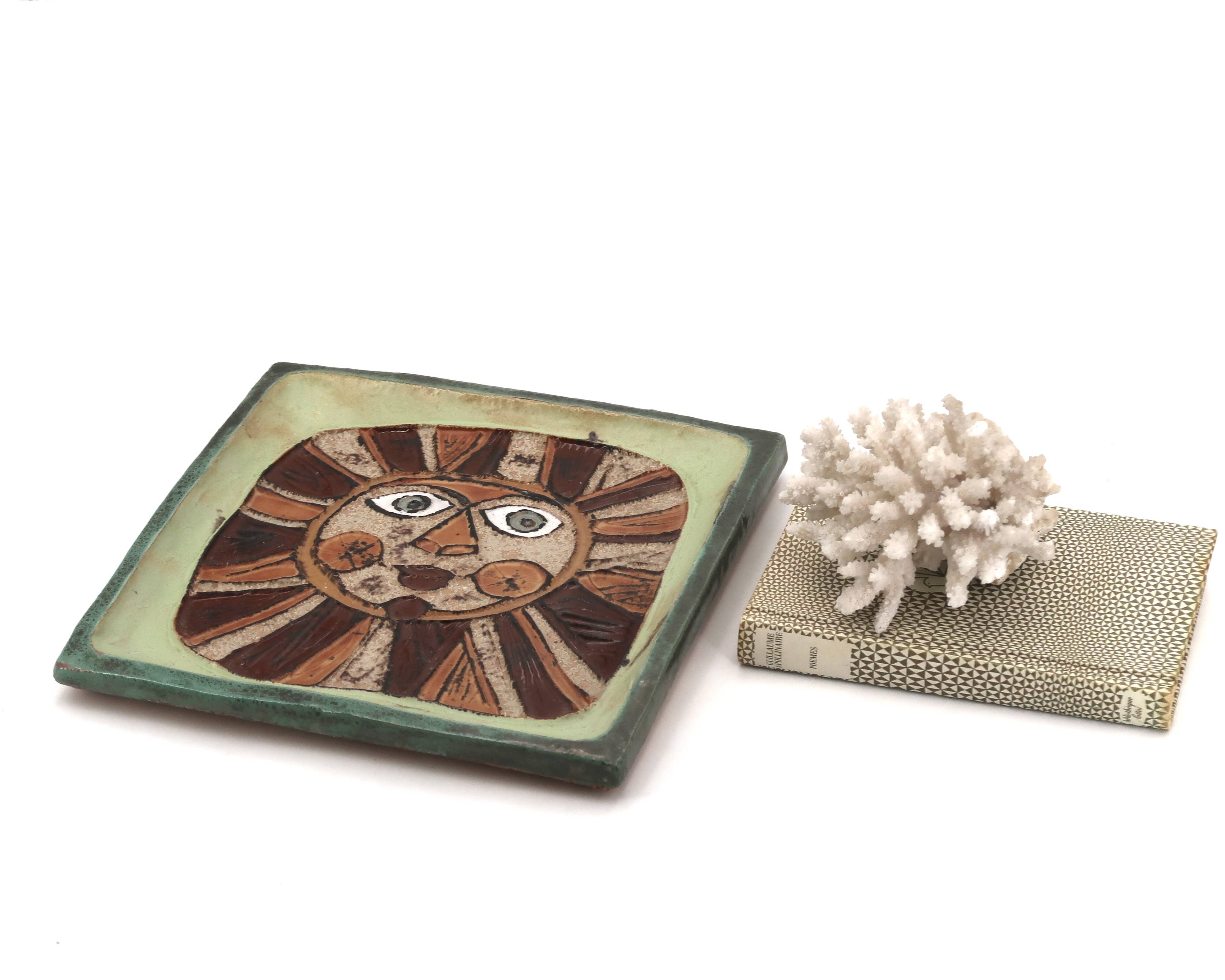 Square ceramic catchall by Roland Zobel, sun design, 1970s.